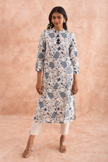 White cotton kurta and blue floral print with Tassels