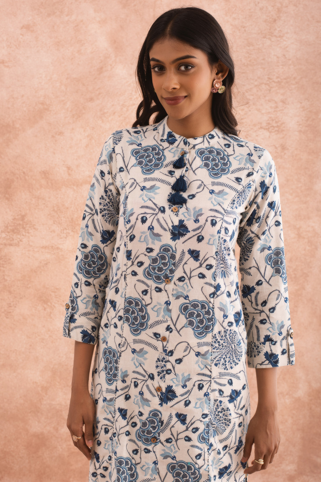 White cotton kurta and blue floral print with Tassels