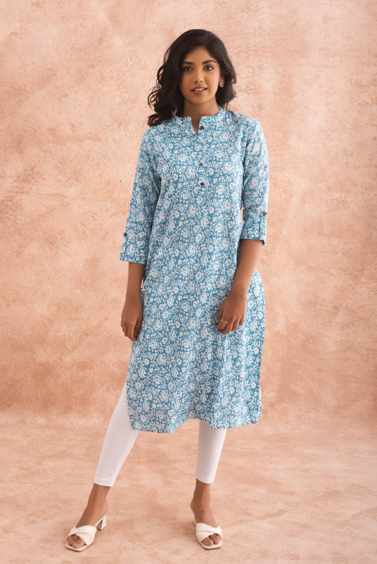 Sky Blue Floral Block Print Straight Kurta