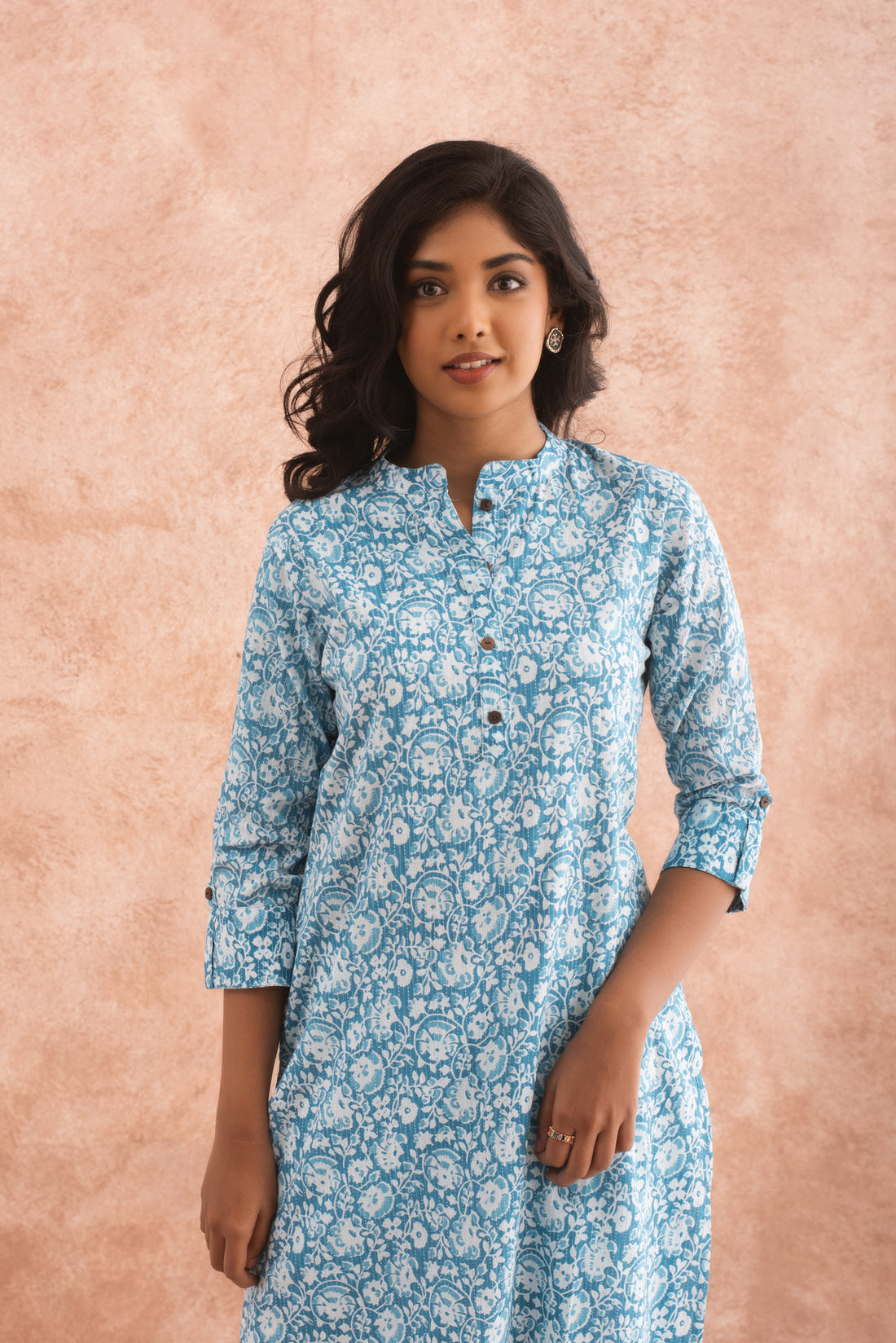 Sky Blue Floral Block Print Straight Kurta