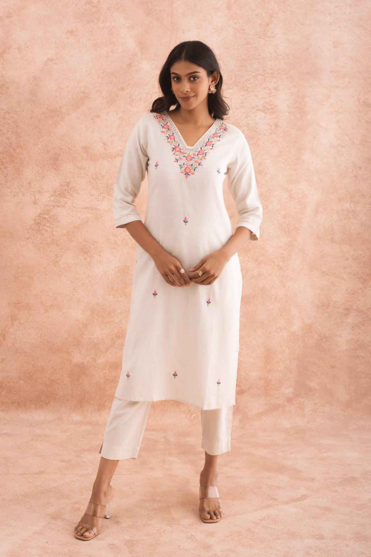 Trendy White Cotton Kurta with Floral Buta Embroidery