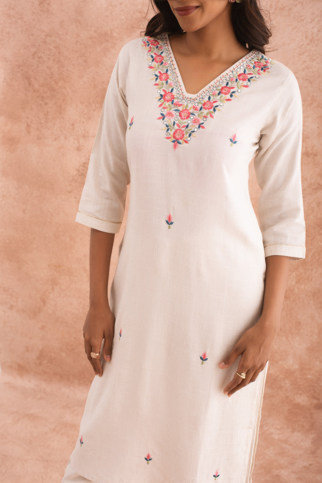 Trendy White Cotton Kurta with Floral Buta Embroidery