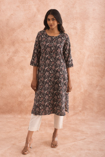 Decent Everyday Floral Print Black Kurta