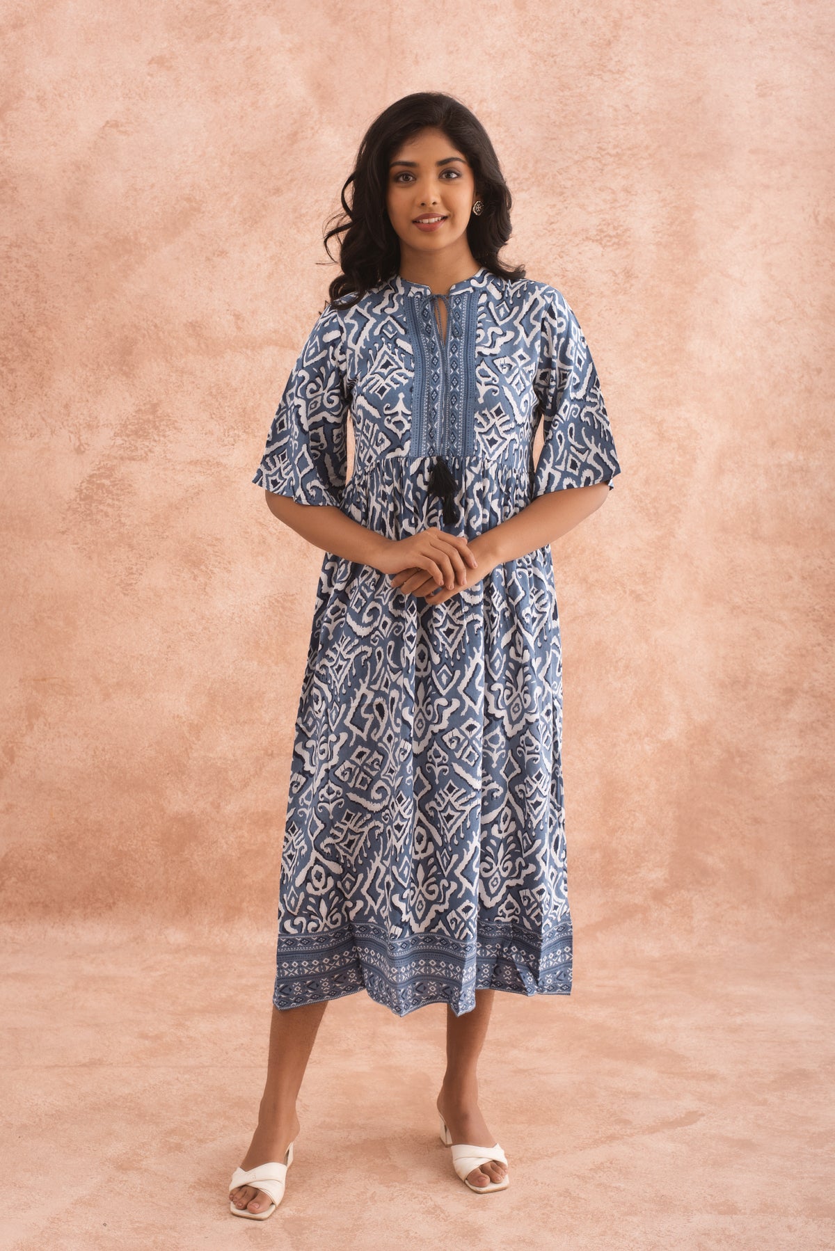 Chic Indigo Blue and White Printed Knee-Length Dress