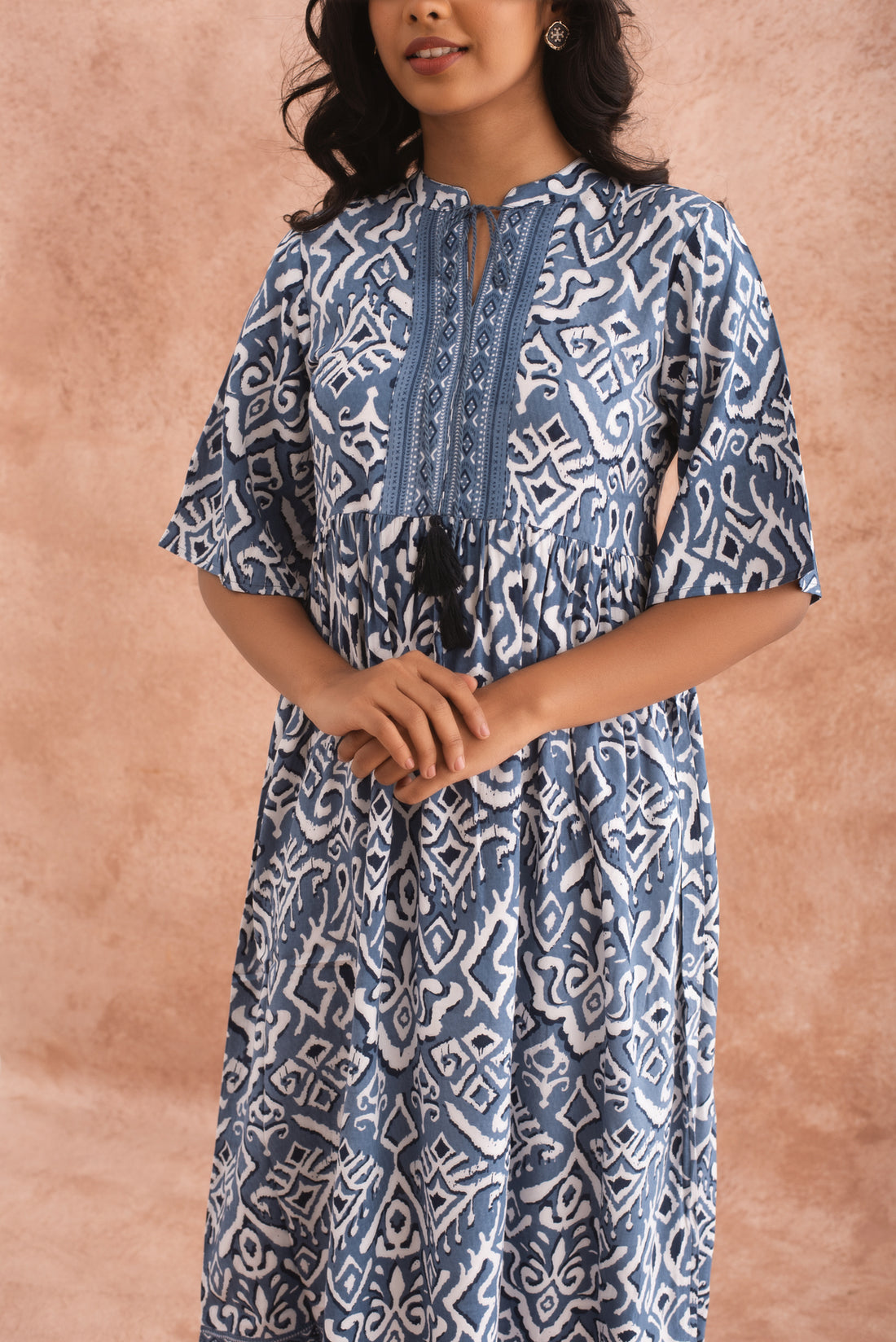 Chic Indigo Blue and White Printed Knee-Length Dress