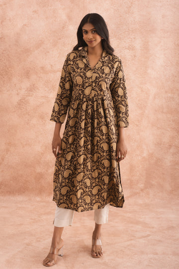 Golden Paisley Block Print Gathered Kurta