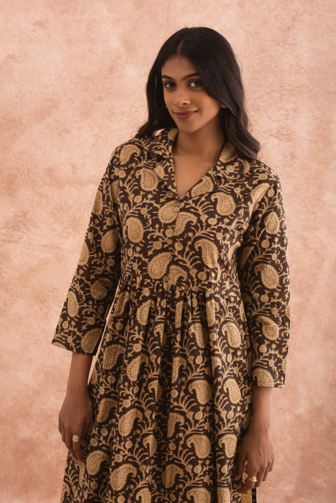 Golden Paisley Block Print Gathered Kurta