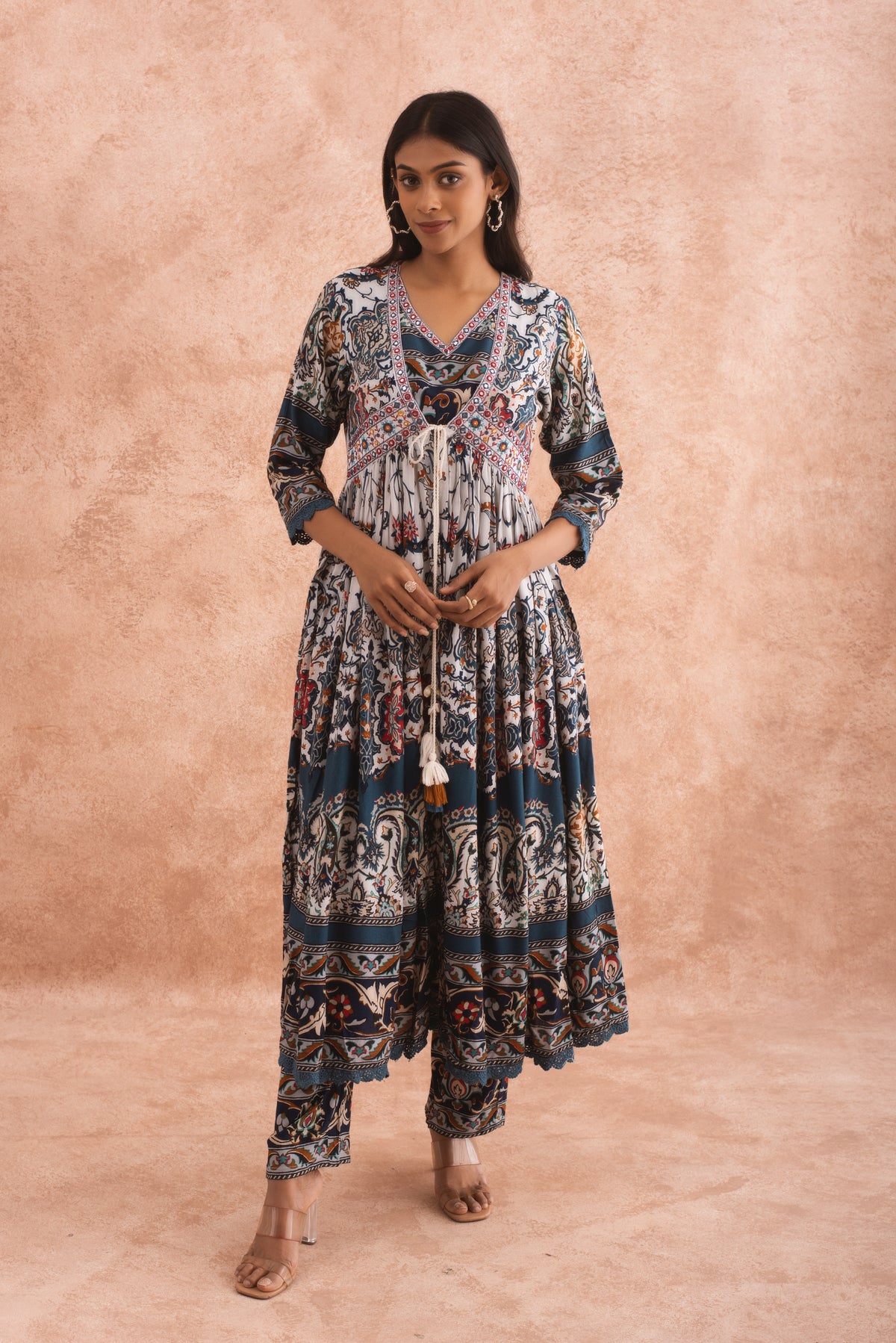 Regal Blue Floral Printed 3 Piece Shrug Co-Ord Set