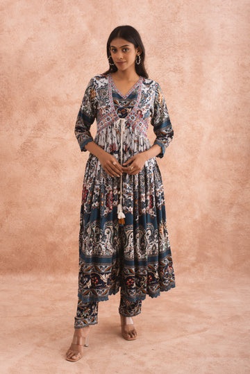 Regal Blue Floral Printed 3 Piece Shrug Co-Ord Set