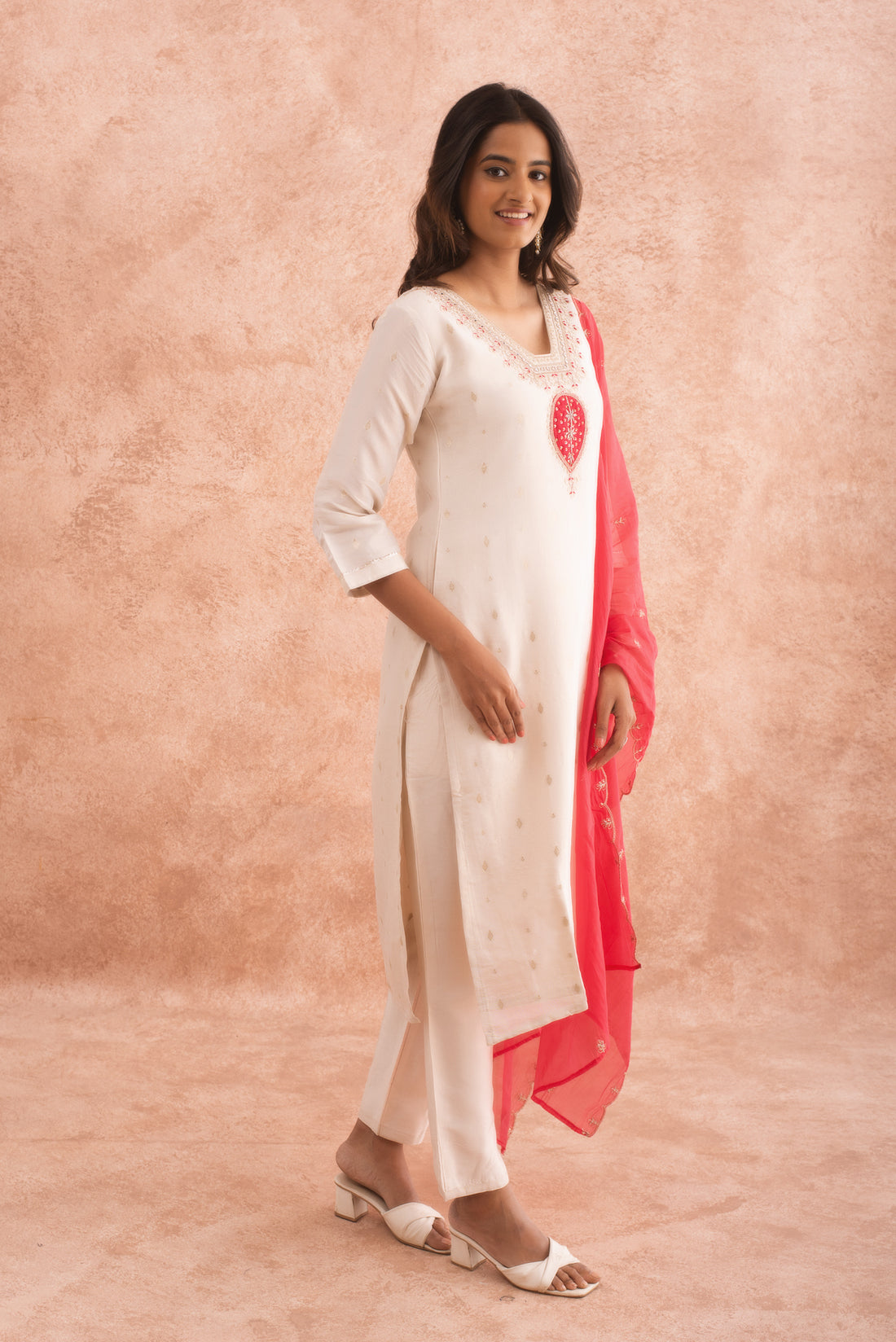 Elegant Off-White Kurta Set with Red Embellished Dupatta