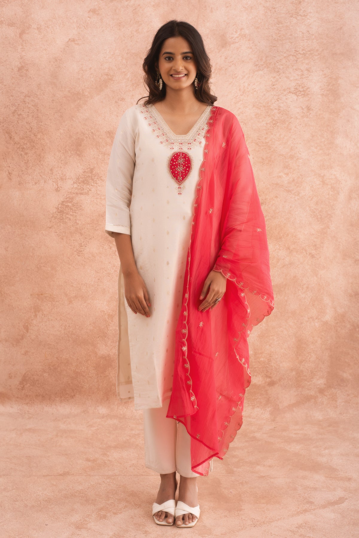 Elegant Off-White Kurta Set with Red Embellished Dupatta