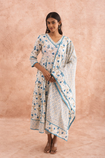 Floral Print white Blue Anarkali Cotton Set