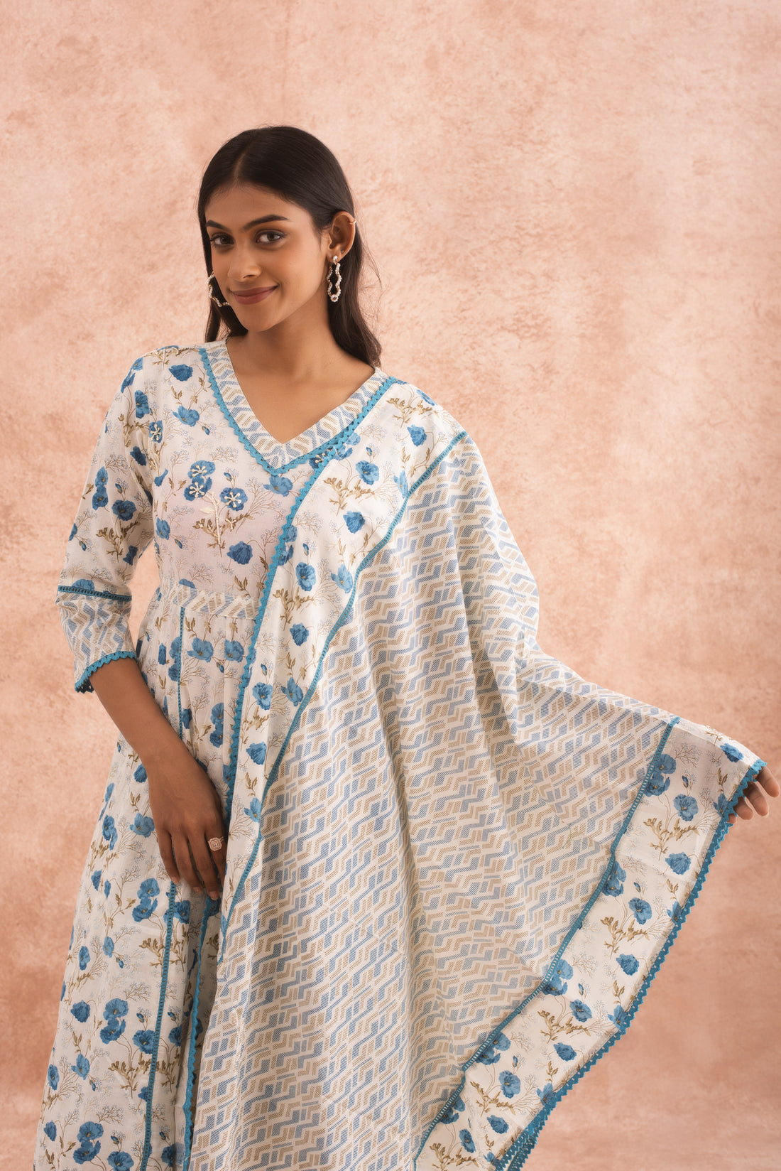 Floral Print white Blue Anarkali Cotton Set