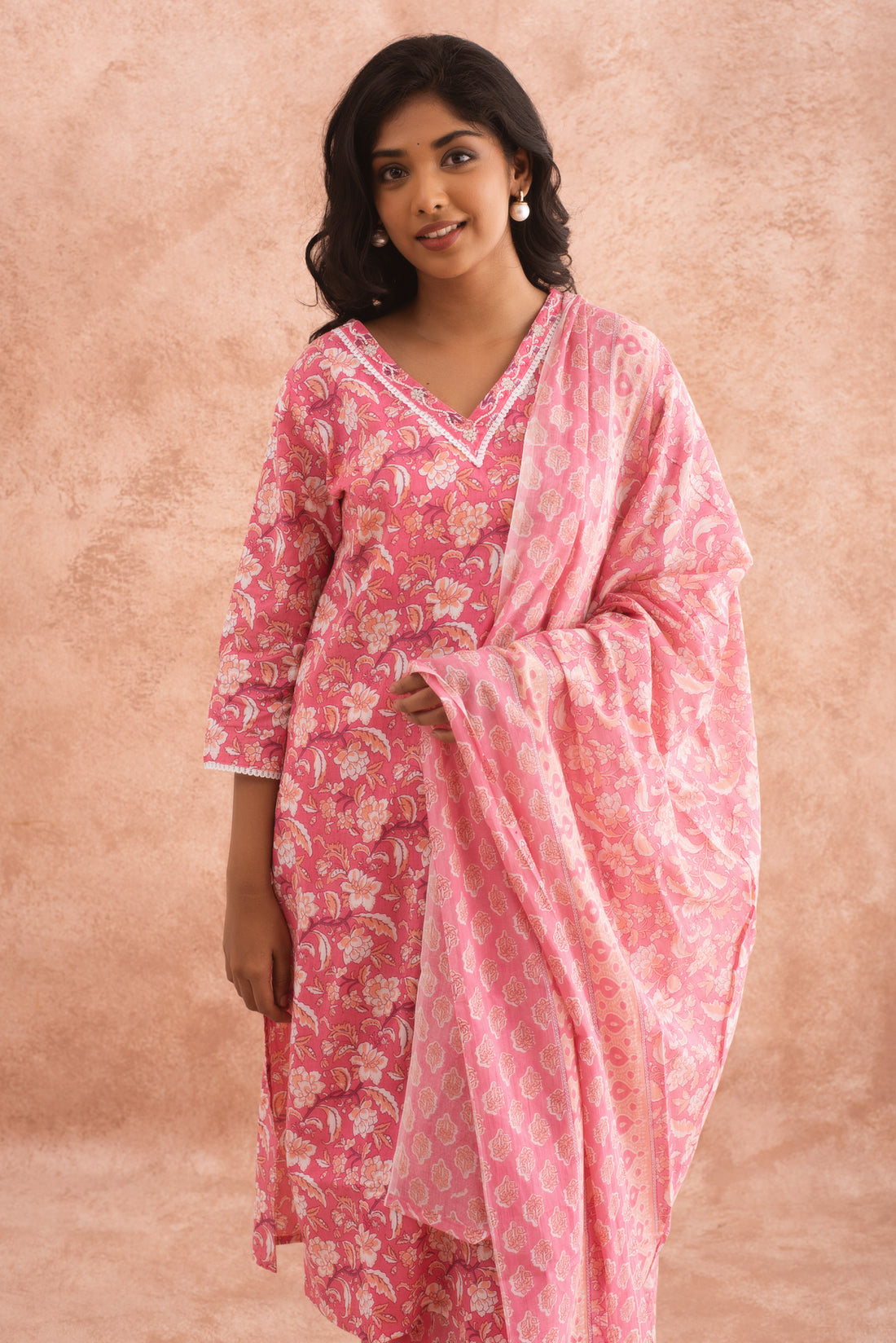 Peach Pink V neck Floral Kurta Set