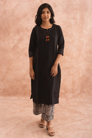 Midnight Moon Black Kurta Beige Kalamkari Set