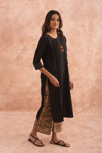 Midnight Moon Black Kurta Tan Kalamkari Set