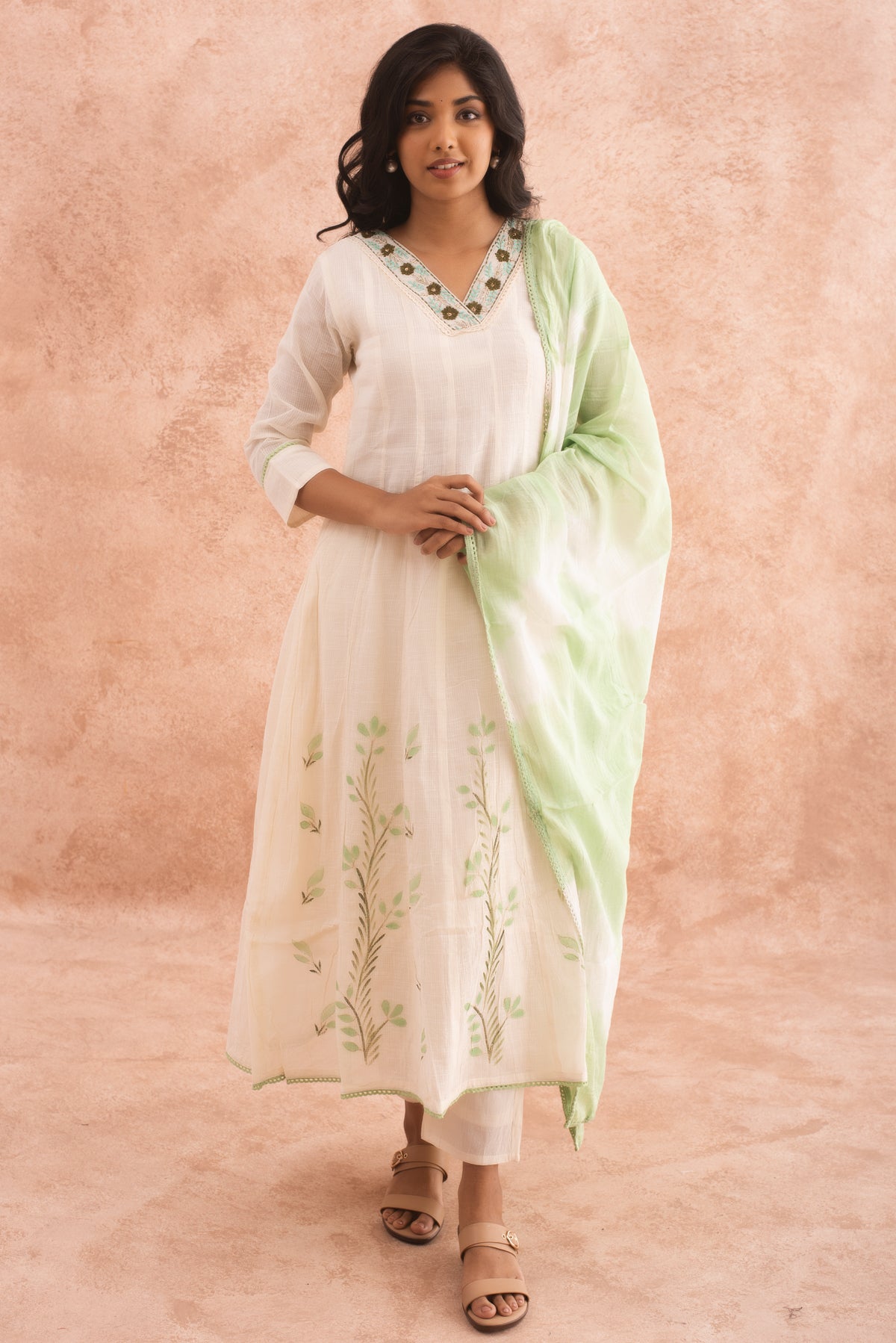 Decent White and Green A-Line Kurta Set