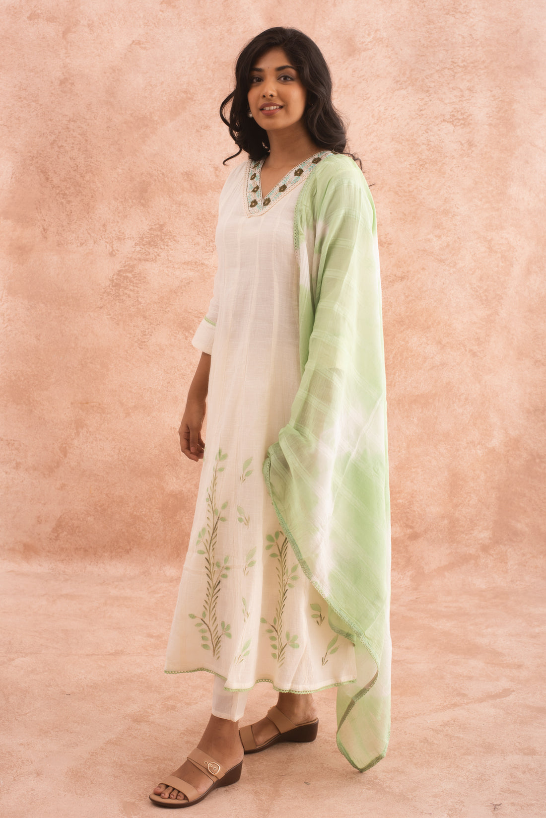 Decent White and Green A-Line Kurta Set