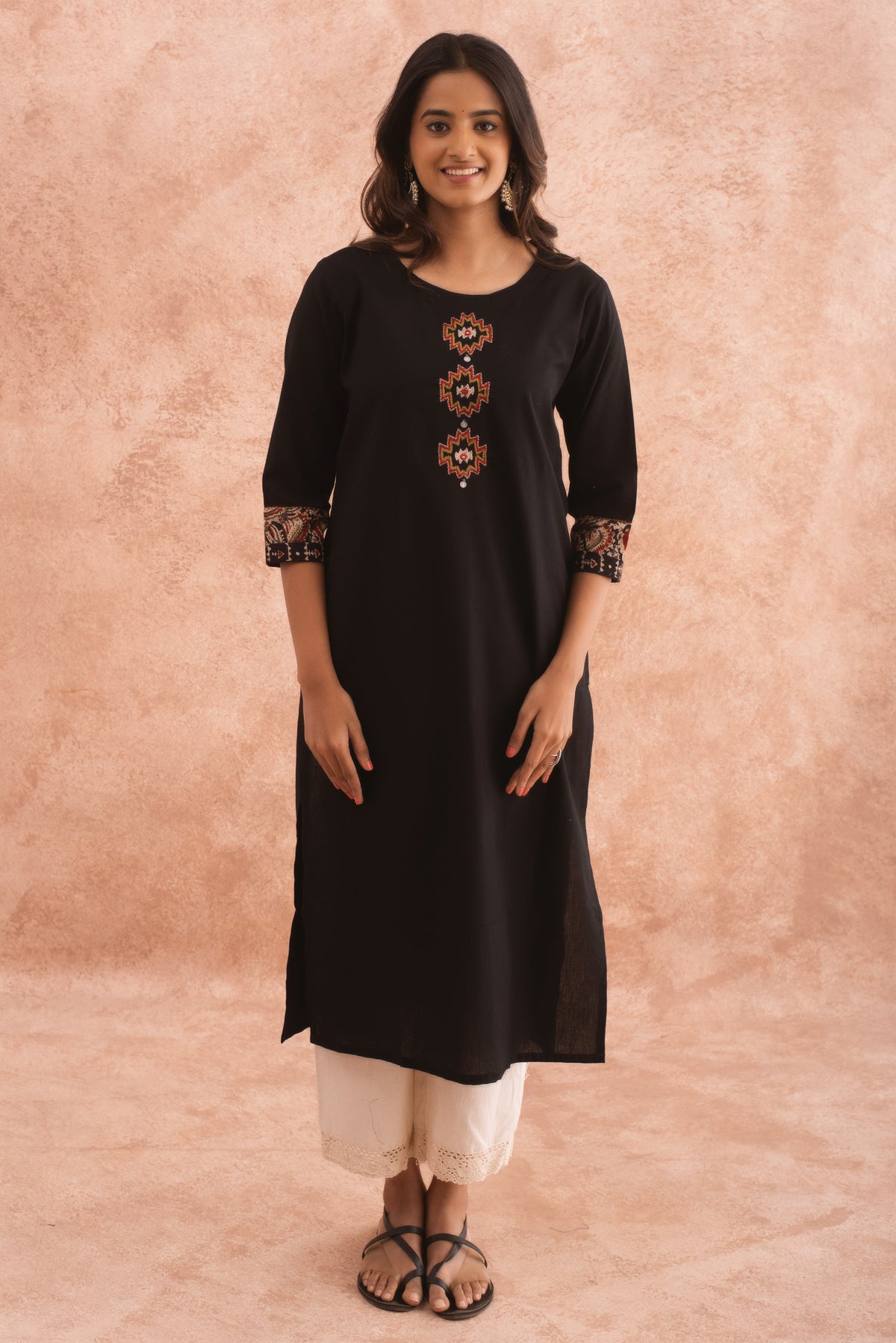 Elegant Black Cotton Kurta with Chevron Design