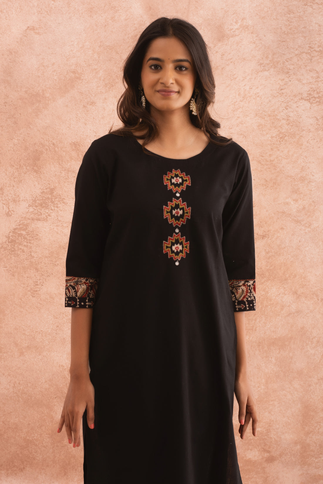 Elegant Black Cotton Kurta with Chevron Design