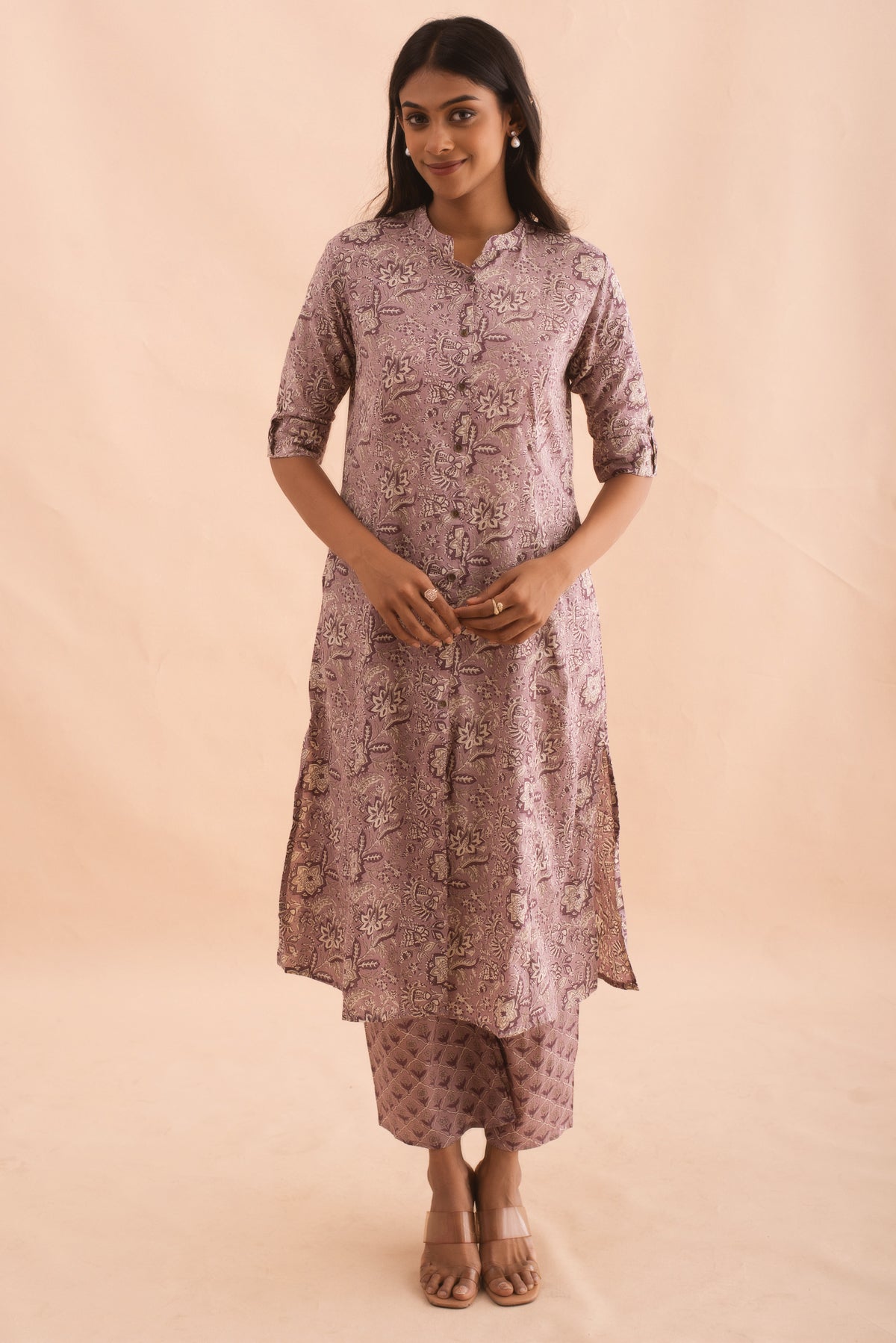 Light Mauve Floral Cotton Kurta Set