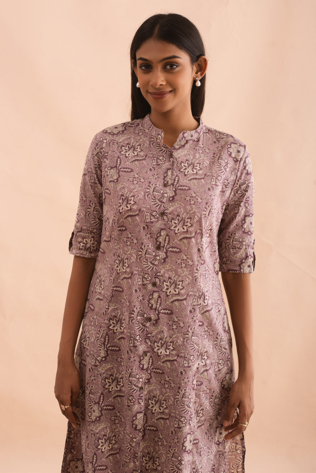 Light Mauve Floral Cotton Kurta Set