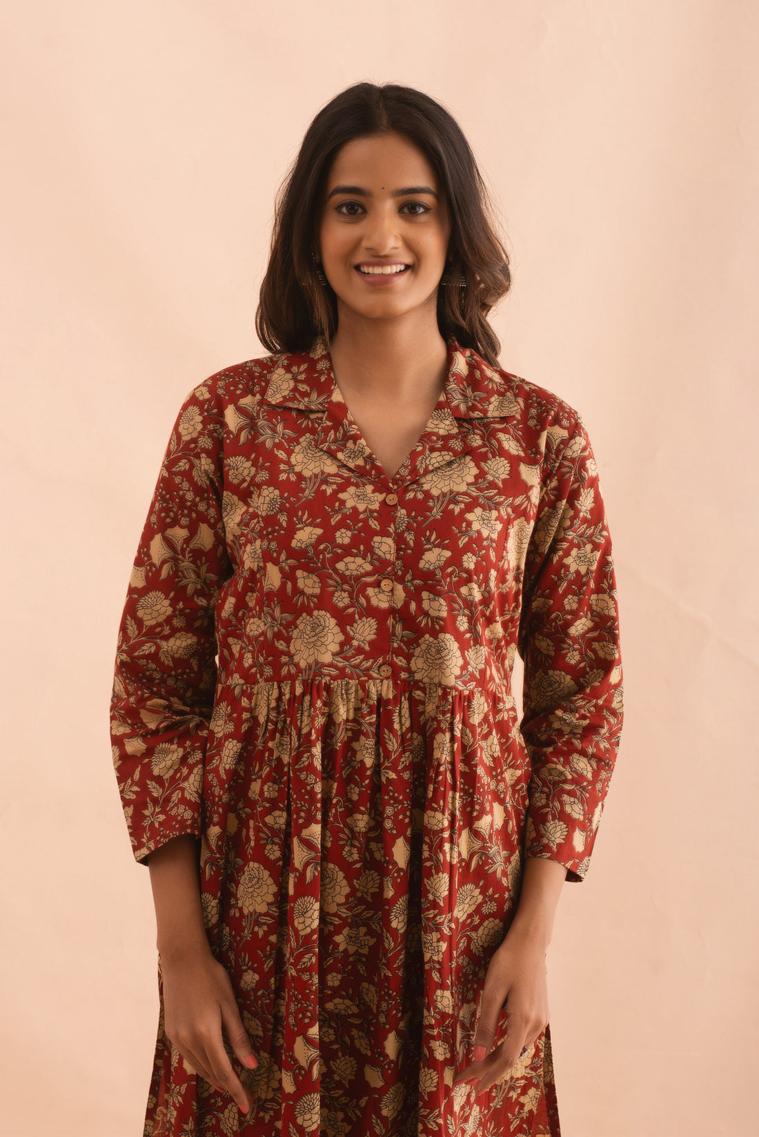 Burnt Red Floral Gathered Maroon Kurti