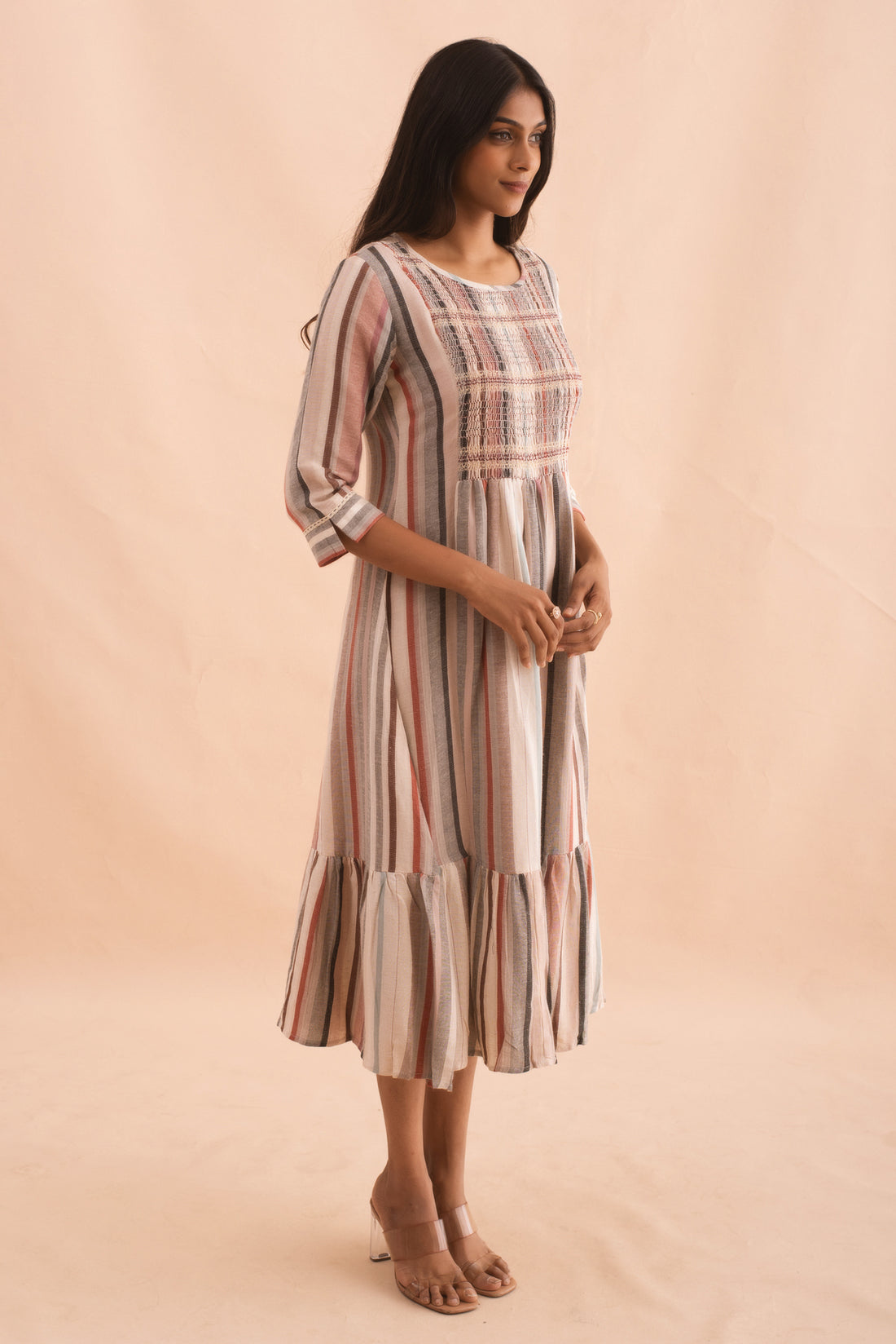 Earthy Stripes Gathered Midi Dress