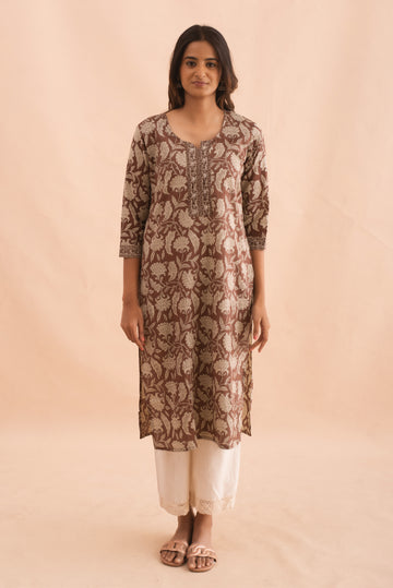 Elegant Brown Beige Floral Print Kurti