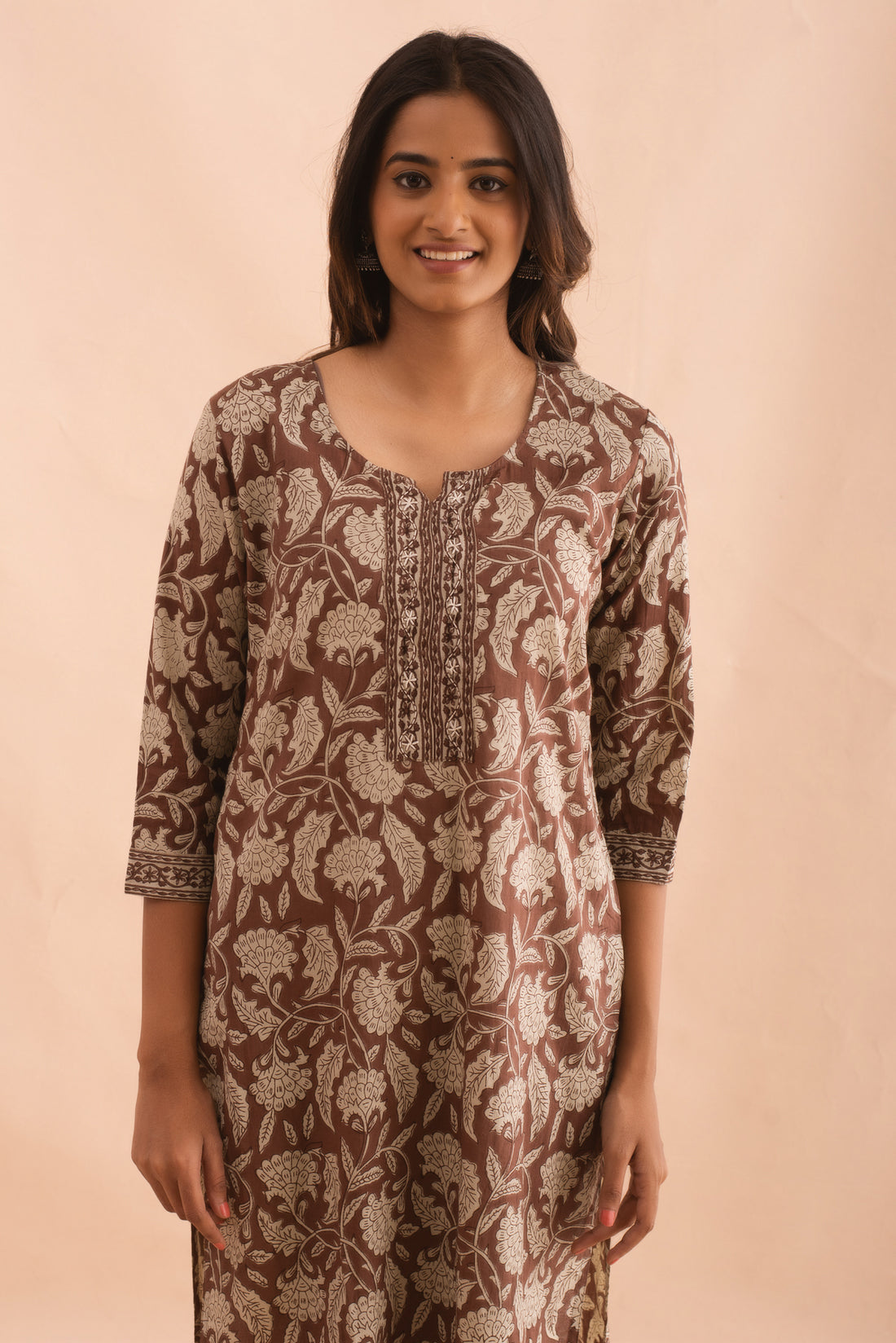 Elegant Brown Beige Floral Print Kurti