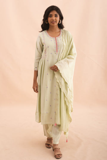 Misty Green Side-Gathered Minimal Embroidered Kurti Set