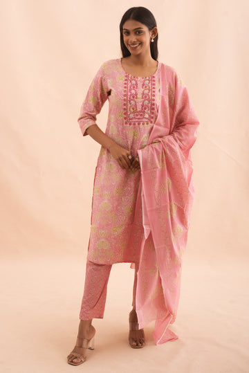 Peach Pink Floral Embroidered Kurta Set