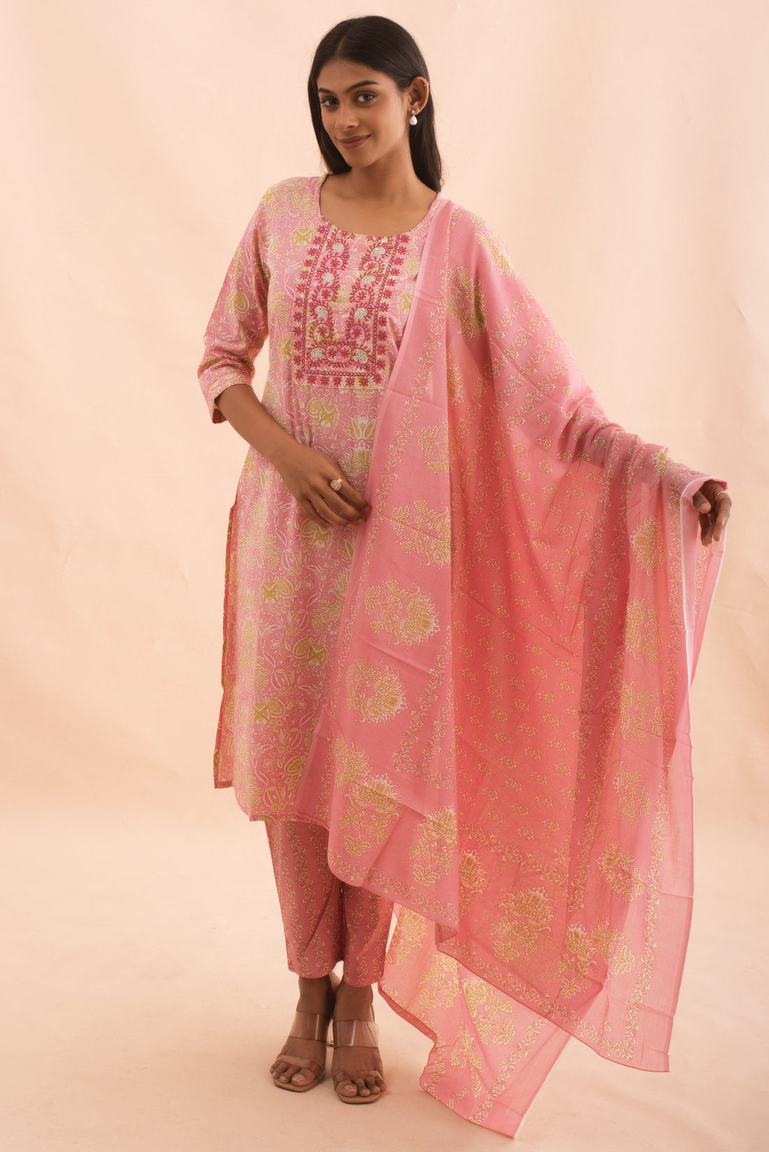 Peach Pink Floral Embroidered Kurta Set