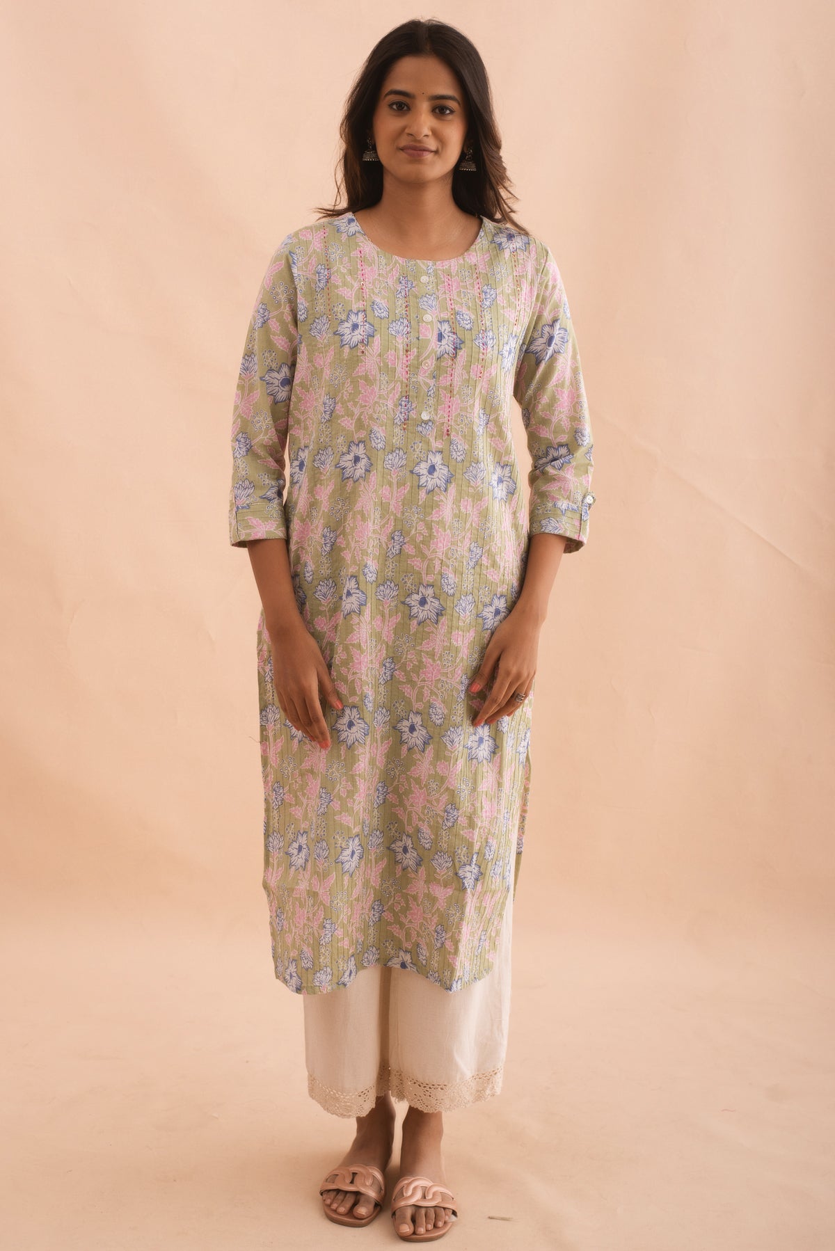 Decent Light Green Floral Print Kurta