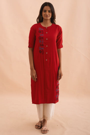 Red Cotton Kurta with Embroidery