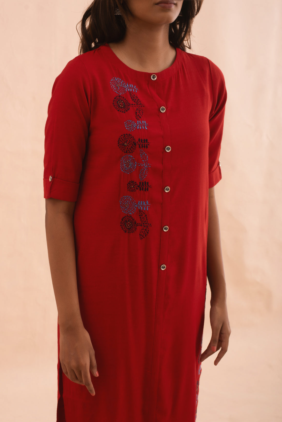 Red Cotton Kurta with Embroidery