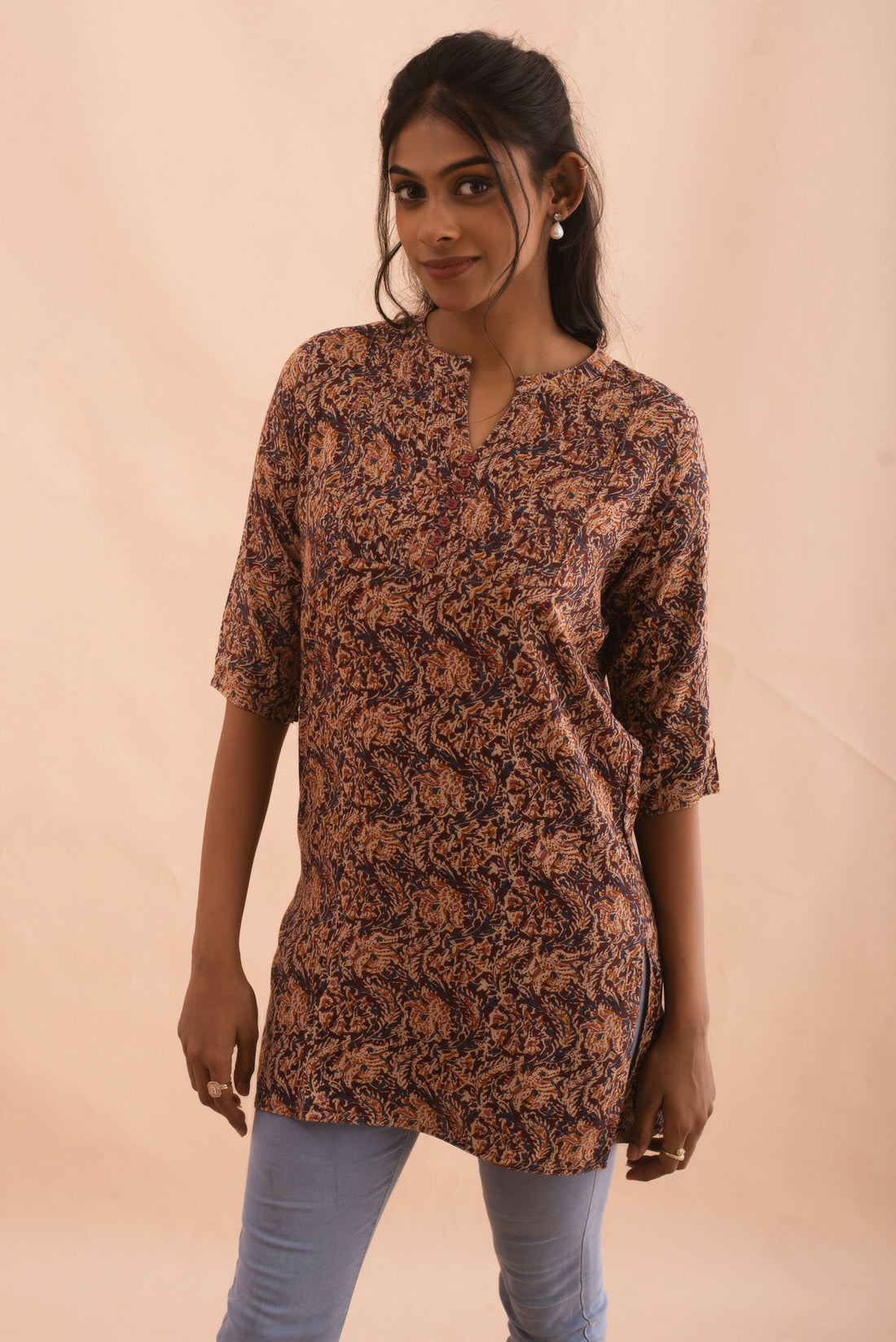 Floral Printed Tunic Top with Mandarin Collar