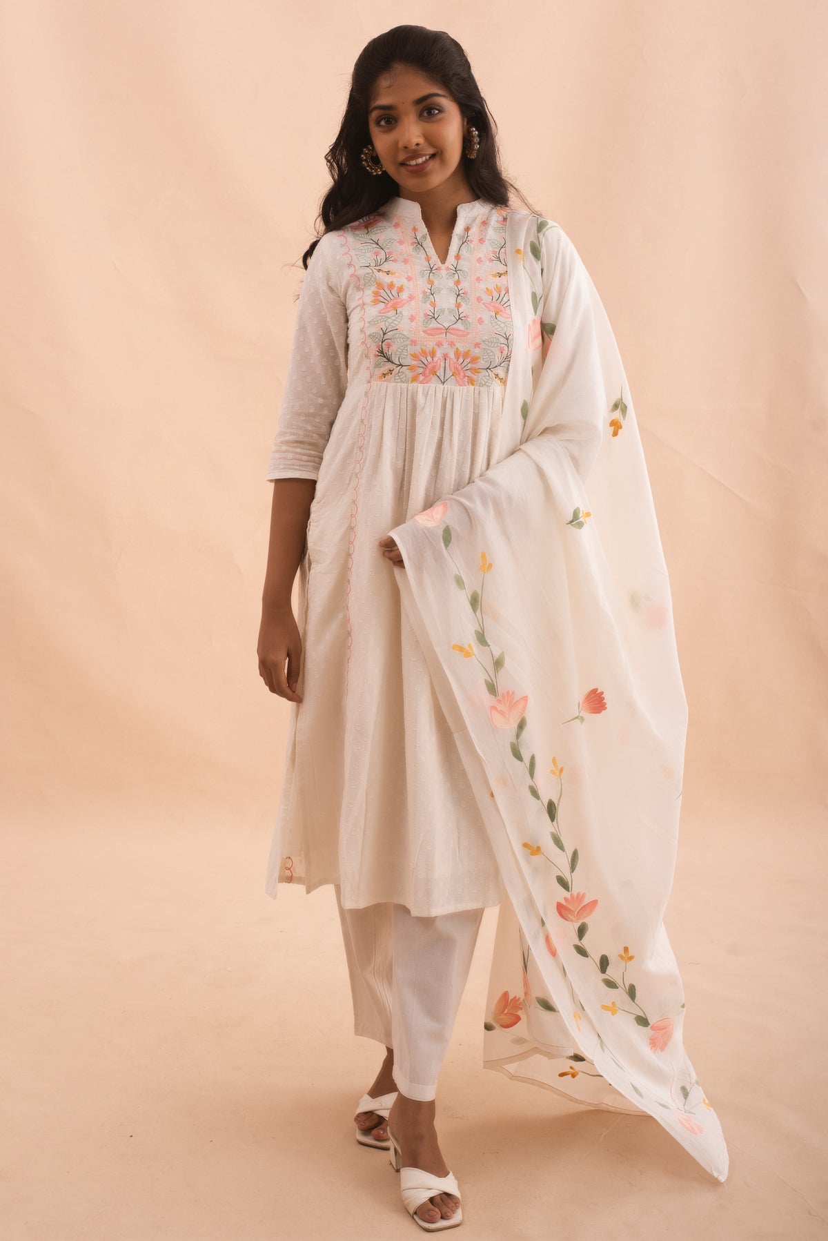 Elegant Floral Embroidered Cotton Kurta Set with Dupatta