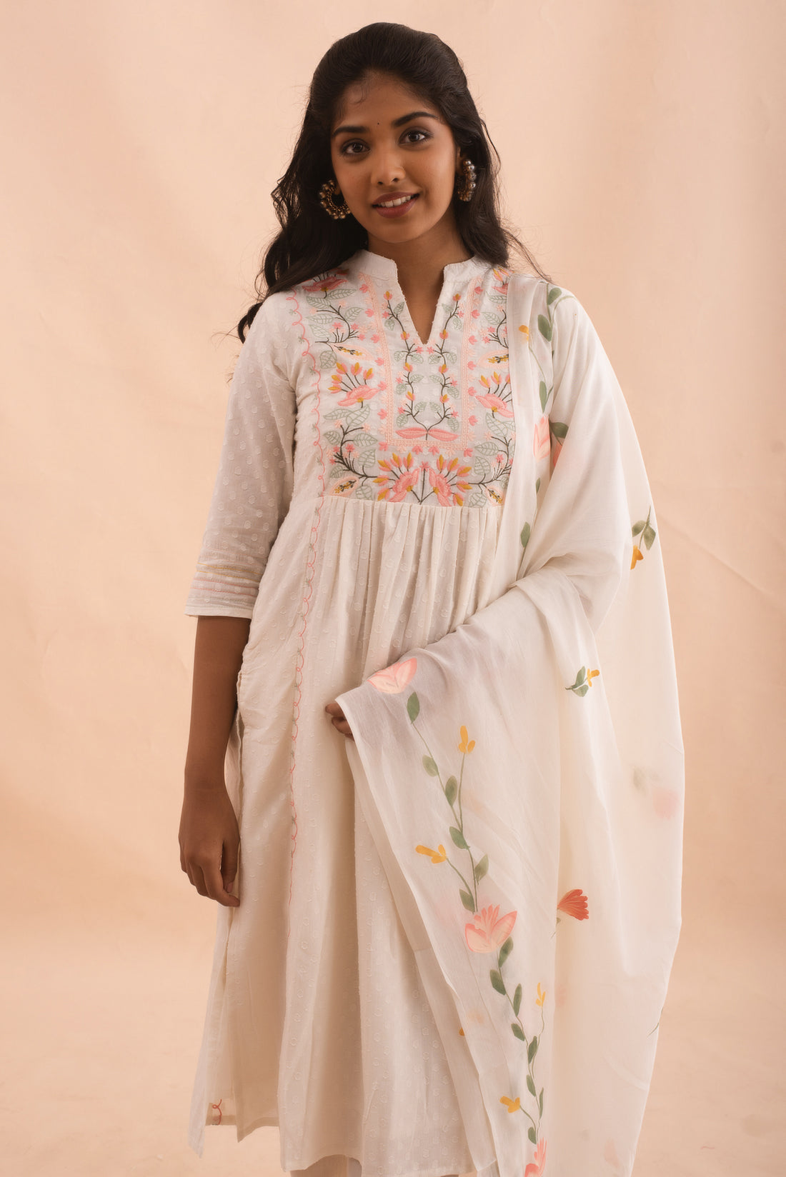 Elegant Floral Embroidered Cotton Kurta Set with Dupatta