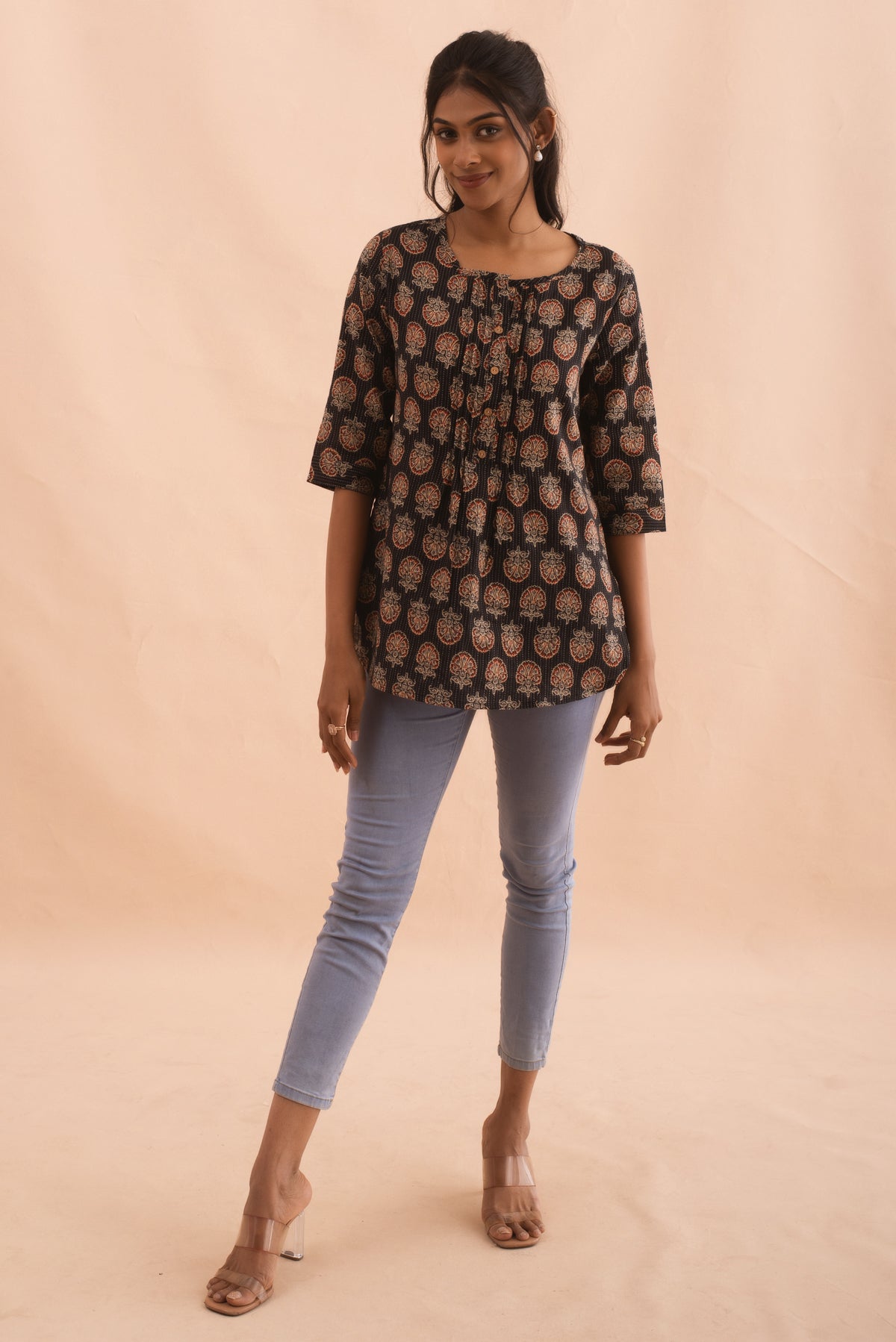 Black Baroque Print Tunic with Pintuck Detailing