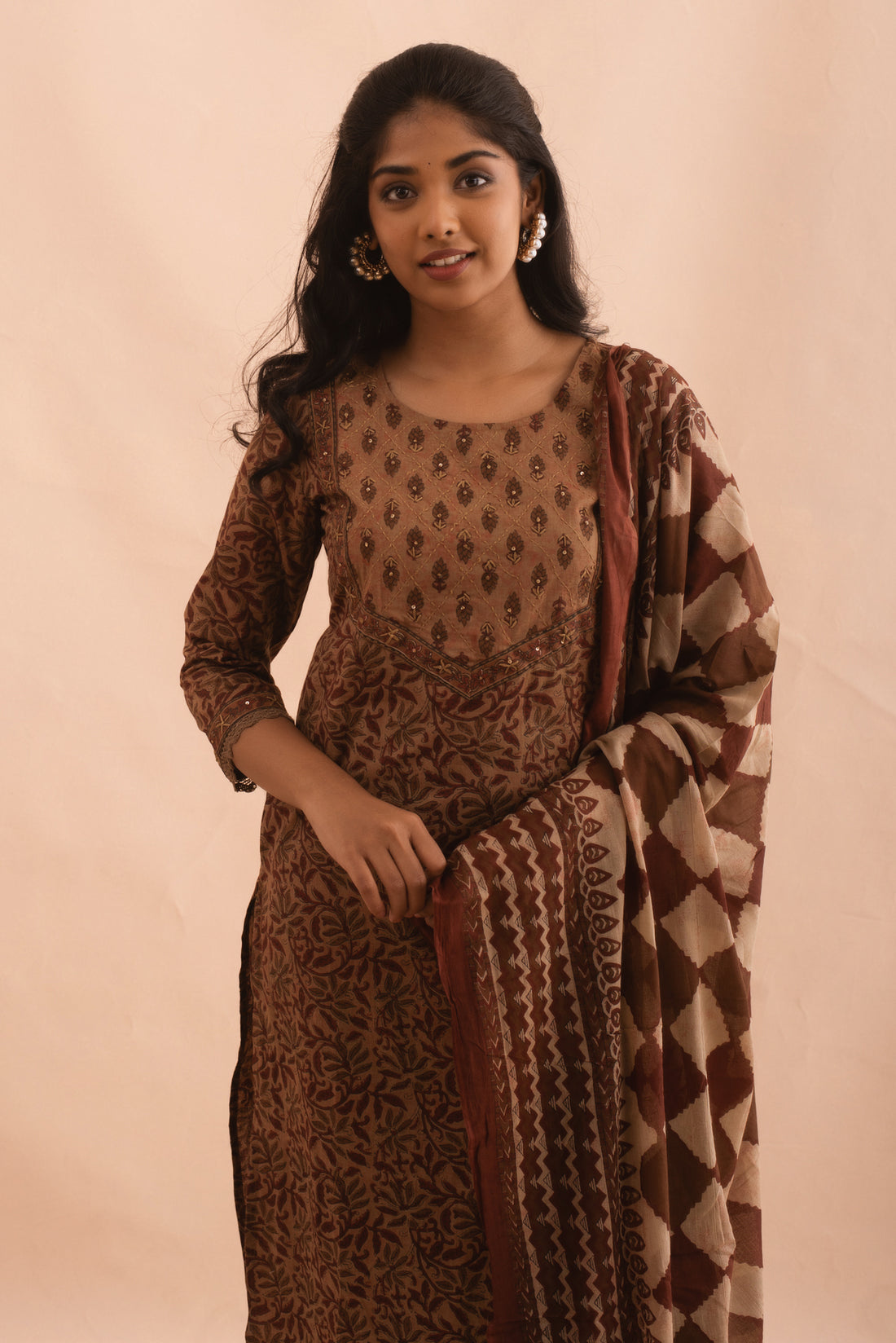 Chocolate Brown Floral Kurta Set