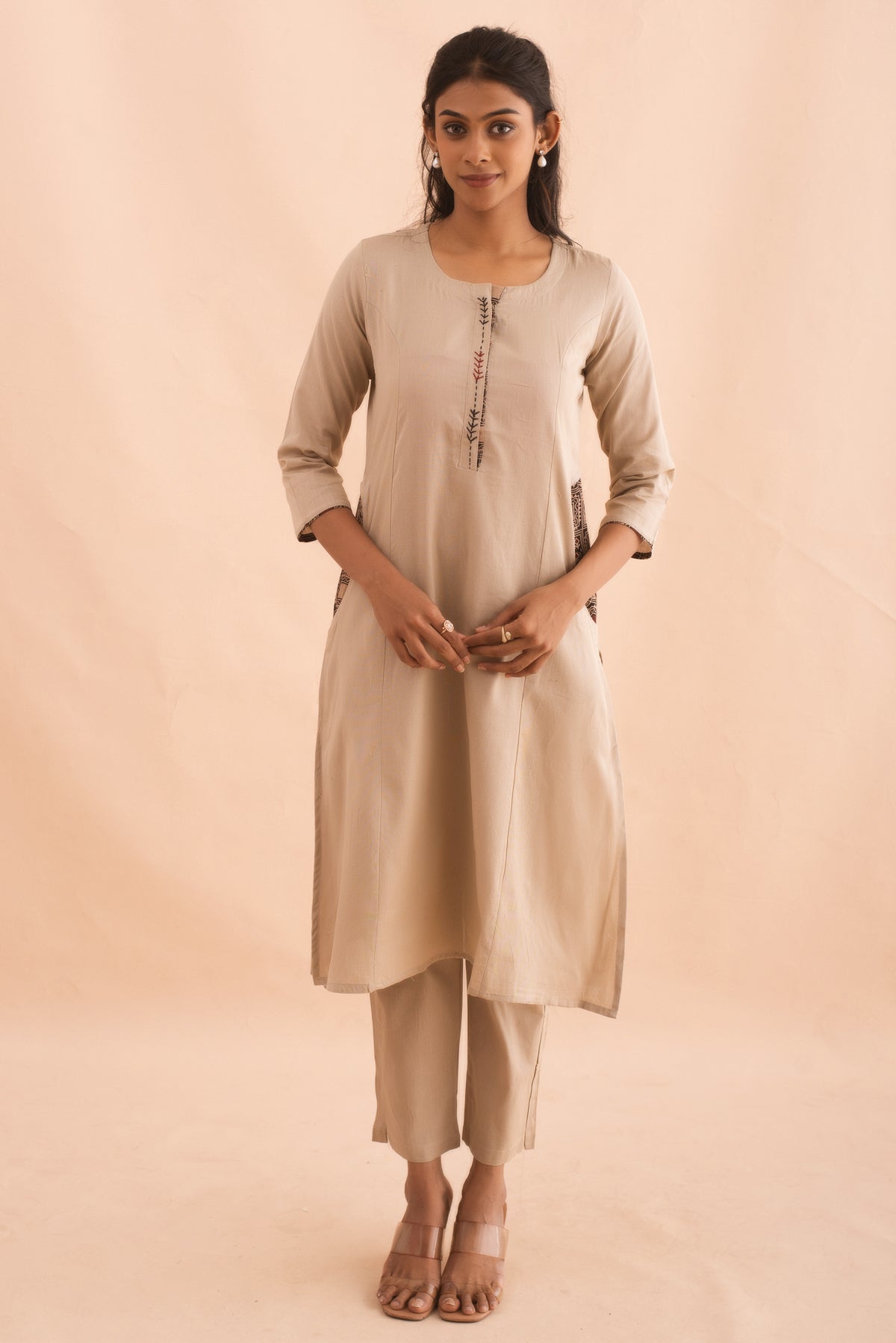 Chic Beige Kurta set with Ajrak print Dupatta