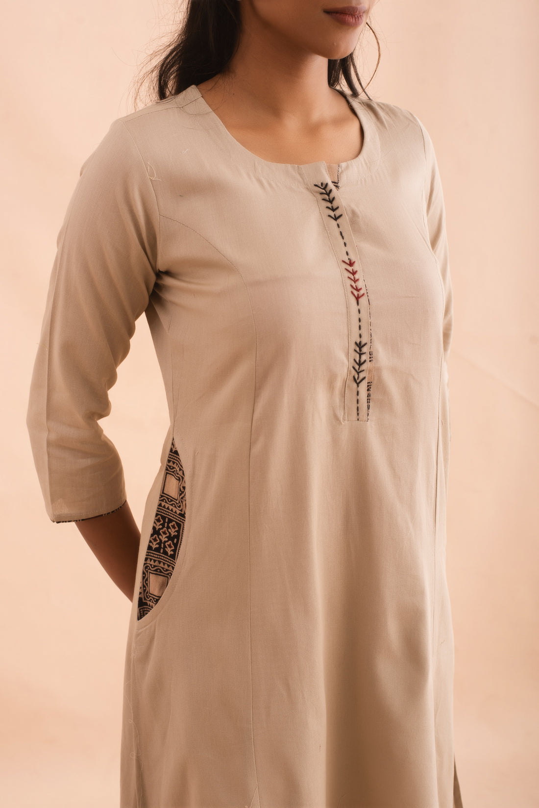 Chic Beige Kurta set with Ajrak print Dupatta