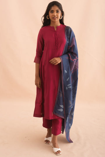 Maroon Blue Straight Kurta Set with Printed Dupatta