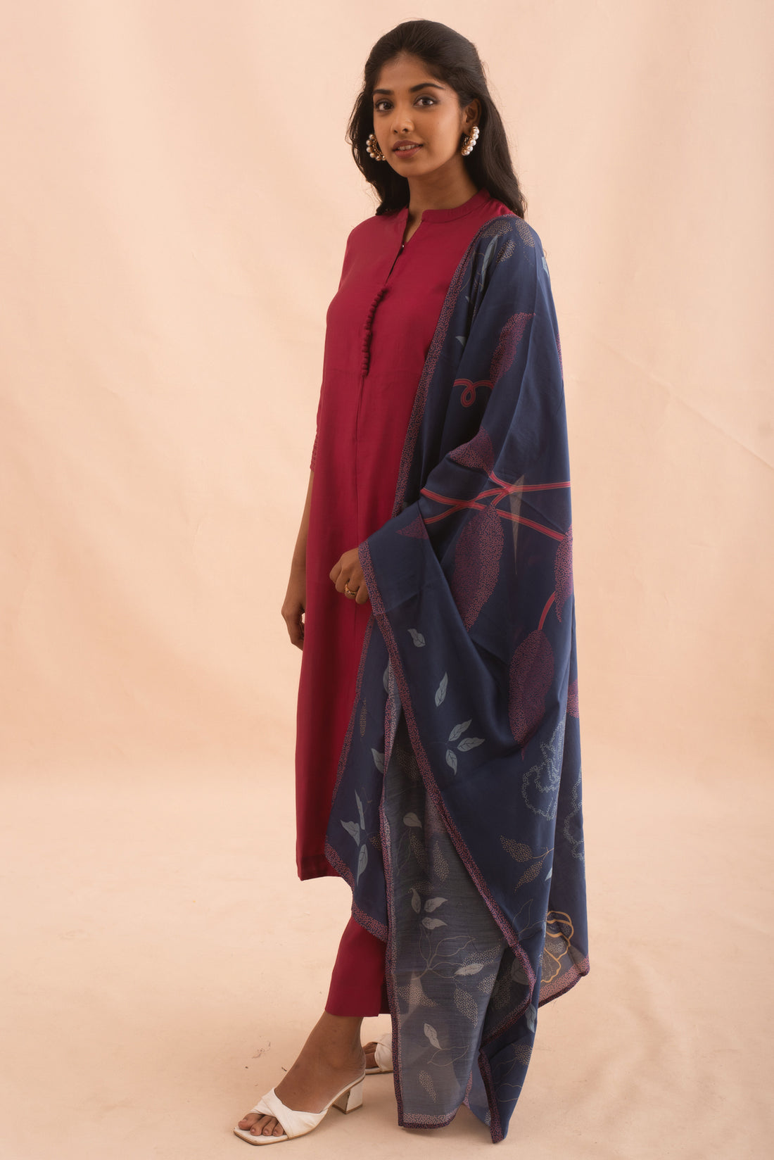 Maroon Blue Straight Kurta Set with Printed Dupatta