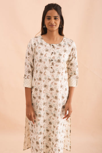 Off-White Floral Kurta with Folded Cuff Sleeve