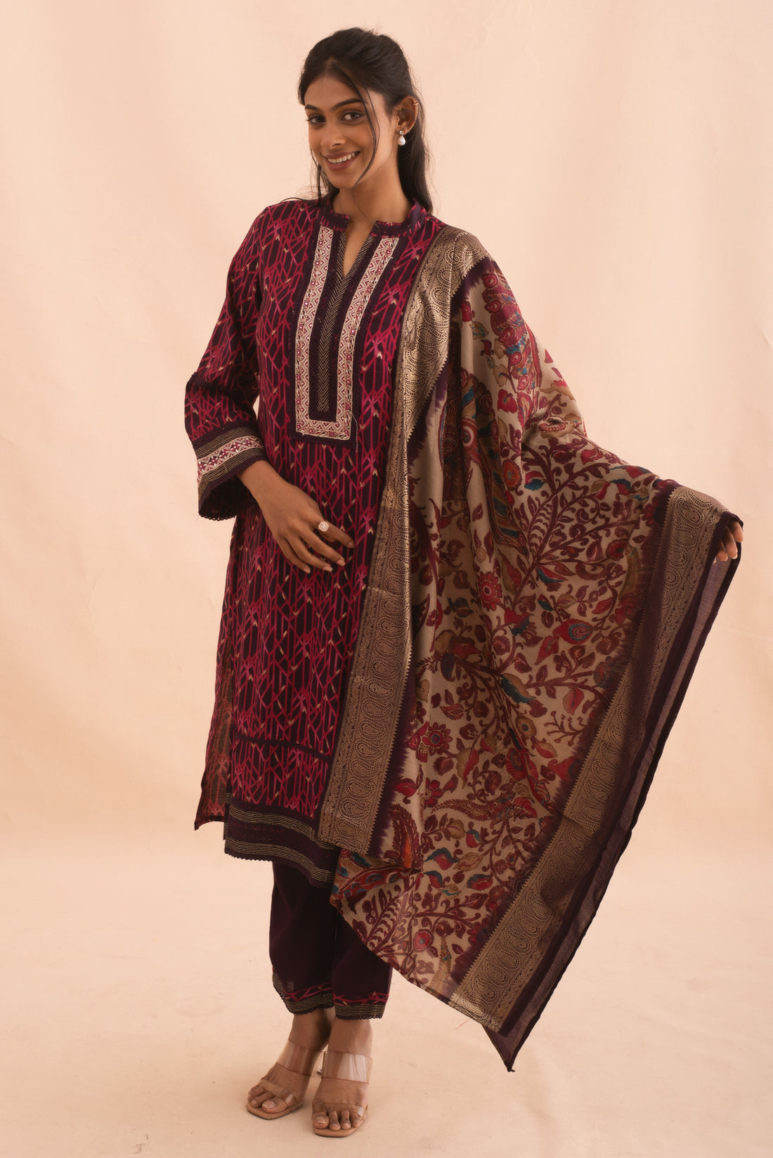 Burgundy Brown Geometric Print Kurta Set