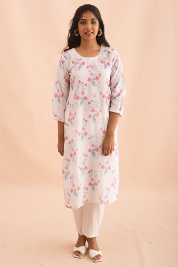 White Floral Print Kurta