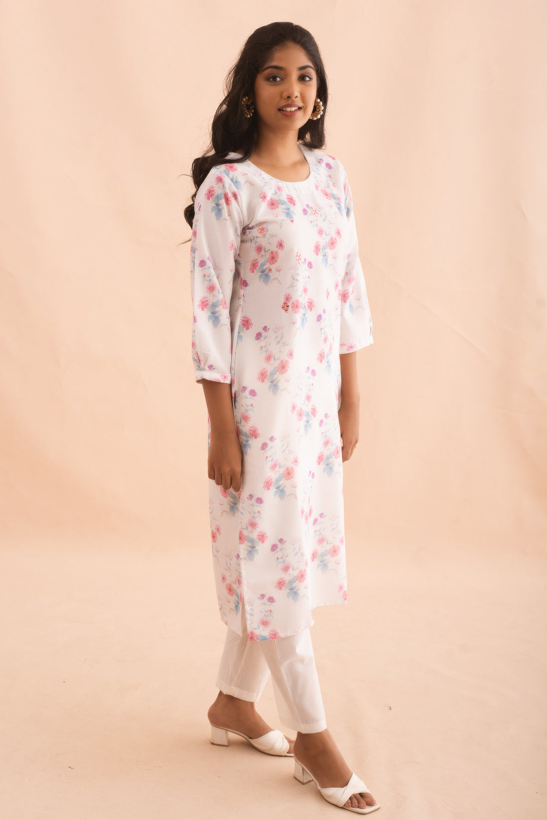 White Floral Print Kurti Set