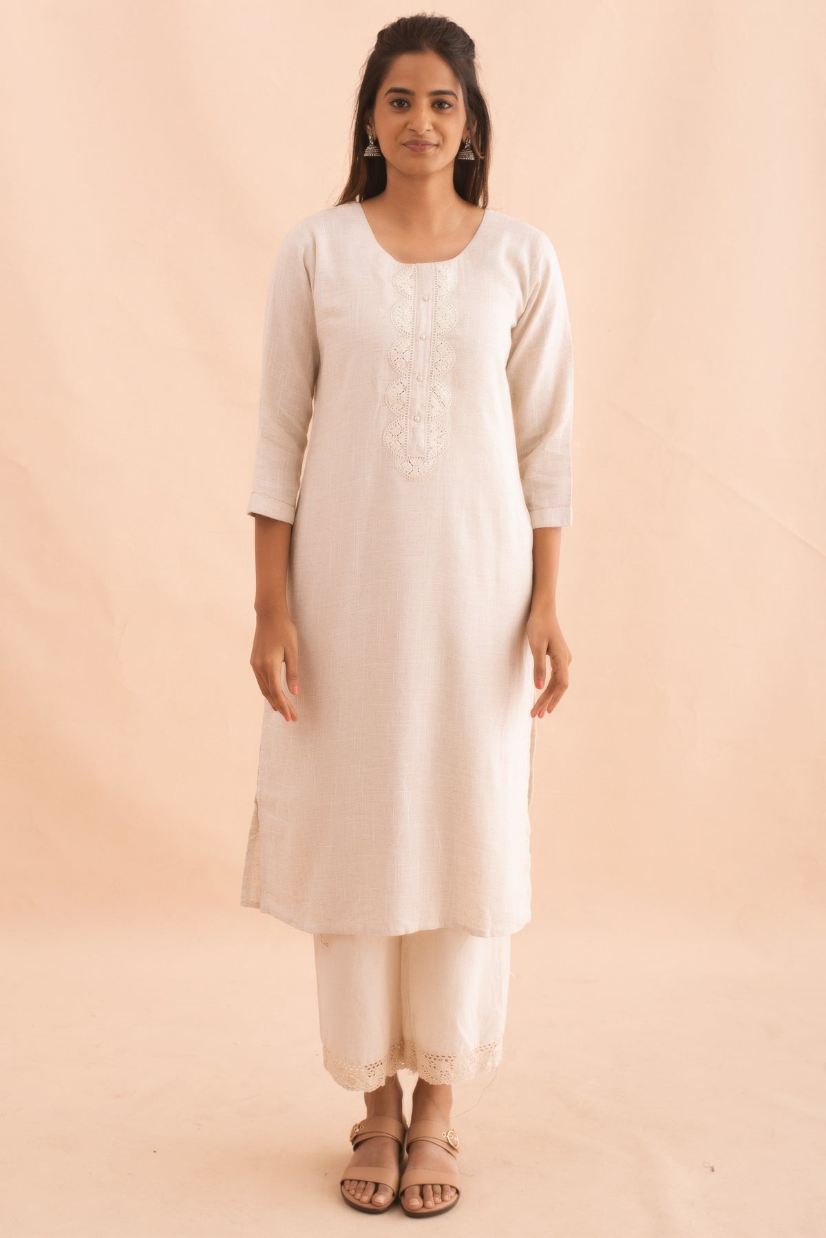 White Cotton Kurta with elegant white thread Work